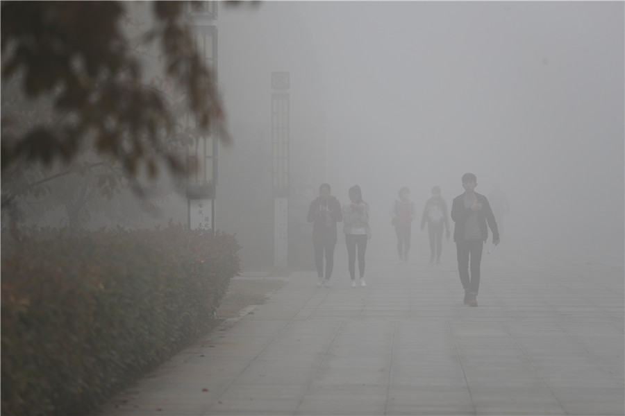 11月13日，大雾中的郑州某高校。（郭浩 摄）